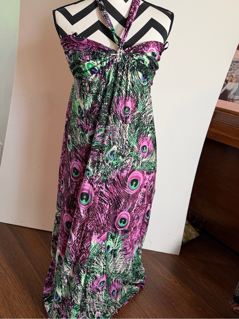 Halter Maxi Dress in Pink & Green Peacock Print